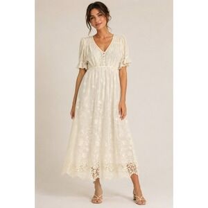 Johnny Was Ambre Cream Eyelet Embroidered Lace Midi Dress Ivory Medium
